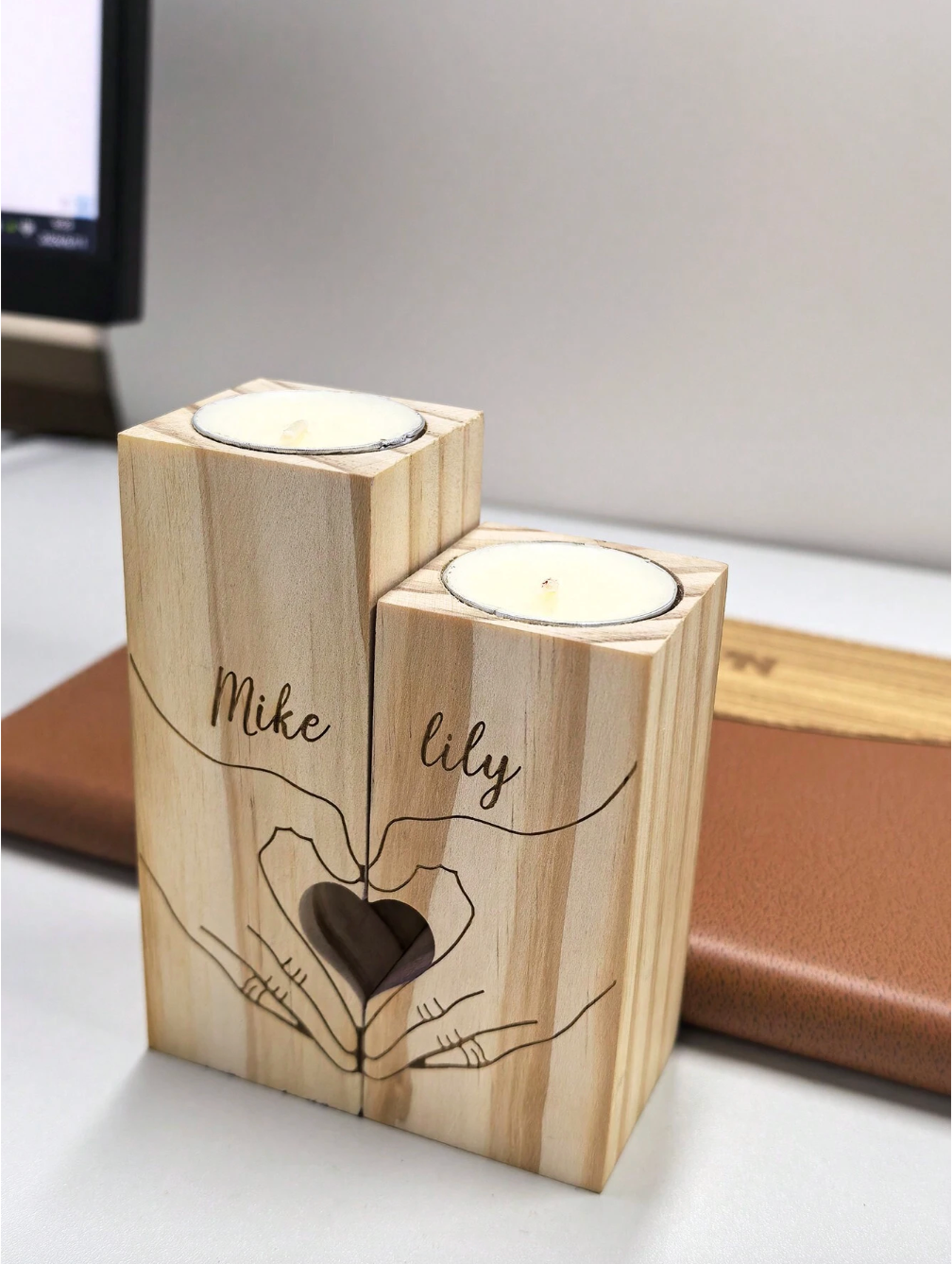 Personalized Heart-Shaped Wooden Candle Holder